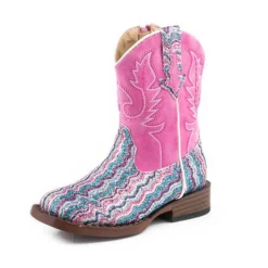Toddler Pink Chevron Glitter Square Toe Cowboy Boots