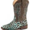 Roper Kid's Leopard Turquoise Glitter Square Toe Boots