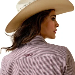 Ariat Women's Burgundy And White Stripe Shirt -Heydudes Cowboy Shop 10043473 02