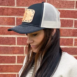 McIntire Saddlery Black & Tan Tooled Leather Patch Cap -Heydudes Cowboy Shop IMG 5626