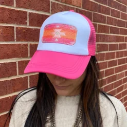 McIntire Saddlery Pink Foam Aztec Leather Patch Cap -Heydudes Cowboy Shop IMG 5668