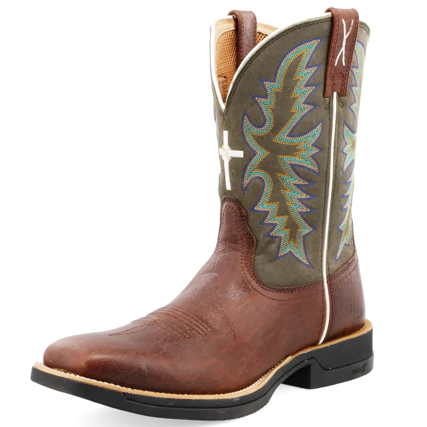 Twisted X Men's 11" Elephant Print Square Toe Tech X Boot- Brown And Green Top 1 Twisted X Men's 11" Elephant Print Square Toe Tech X Boot- Brown And Green Top