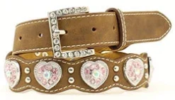 Nocona Kid's Scallop Brown Belt With Pink Hearts