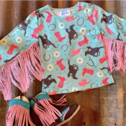 Shea Baby Turquoise Cowgirl Fringe Long Sleeve Shirt -Heydudes Cowboy Shop ST04a
