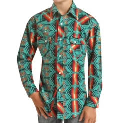 Rock & Roll Boy's Aztec Teal Poplin Shirt