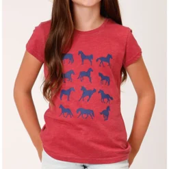 Roper Girls Red With Blue Horses Tee