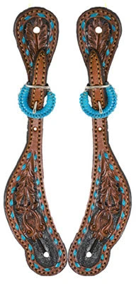 Ladies Black Painted Turquoise Buckstitch Spur Straps