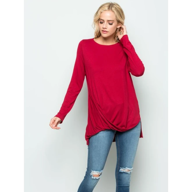 Burgundy Long Sleeve Draped Front Blouse 2 Burgundy Long Sleeve Draped Front Blouse - Image 2
