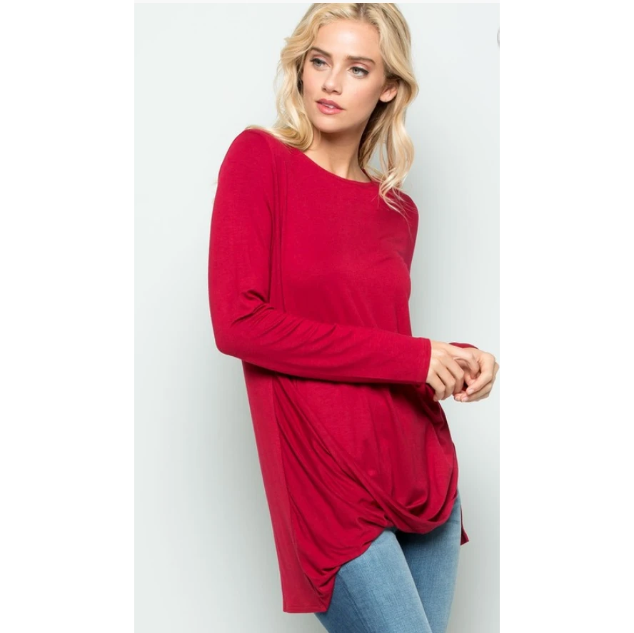 Burgundy Long Sleeve Draped Front Blouse 1 Burgundy Long Sleeve Draped Front Blouse