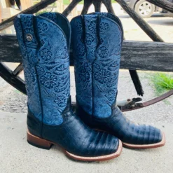Tanner Mark Women's Black Caiman & Blue Square Toe Boots 7 Tanner Mark Women's Black Caiman & Blue Square Toe Boots -Heydudes Cowboy Shop TML207103b
