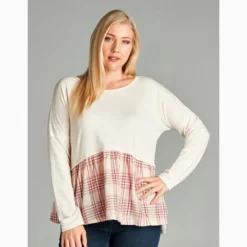 BD Collection Women's Ivory And Red Plaid Ruffle Shirt