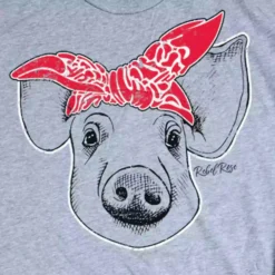 Rebel Rose Lt. Grey Graphic Tee - Pig Head With Red Bandana -Heydudes Cowboy Shop pig2 1