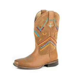 Roper Kid's Tan Aztec Embroidered Square Toe Boots