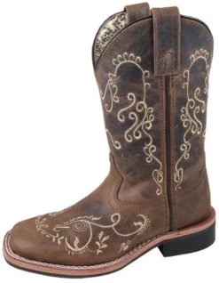 Kid's Brown Embroidered Marilyn Square Toe Boots