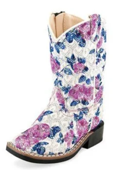 Toddler White And Lilac Floral Square Toe Boots